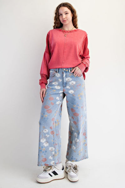 Floral Print Washed Denim Wide Leg Pants - Curvy – The Catalyst