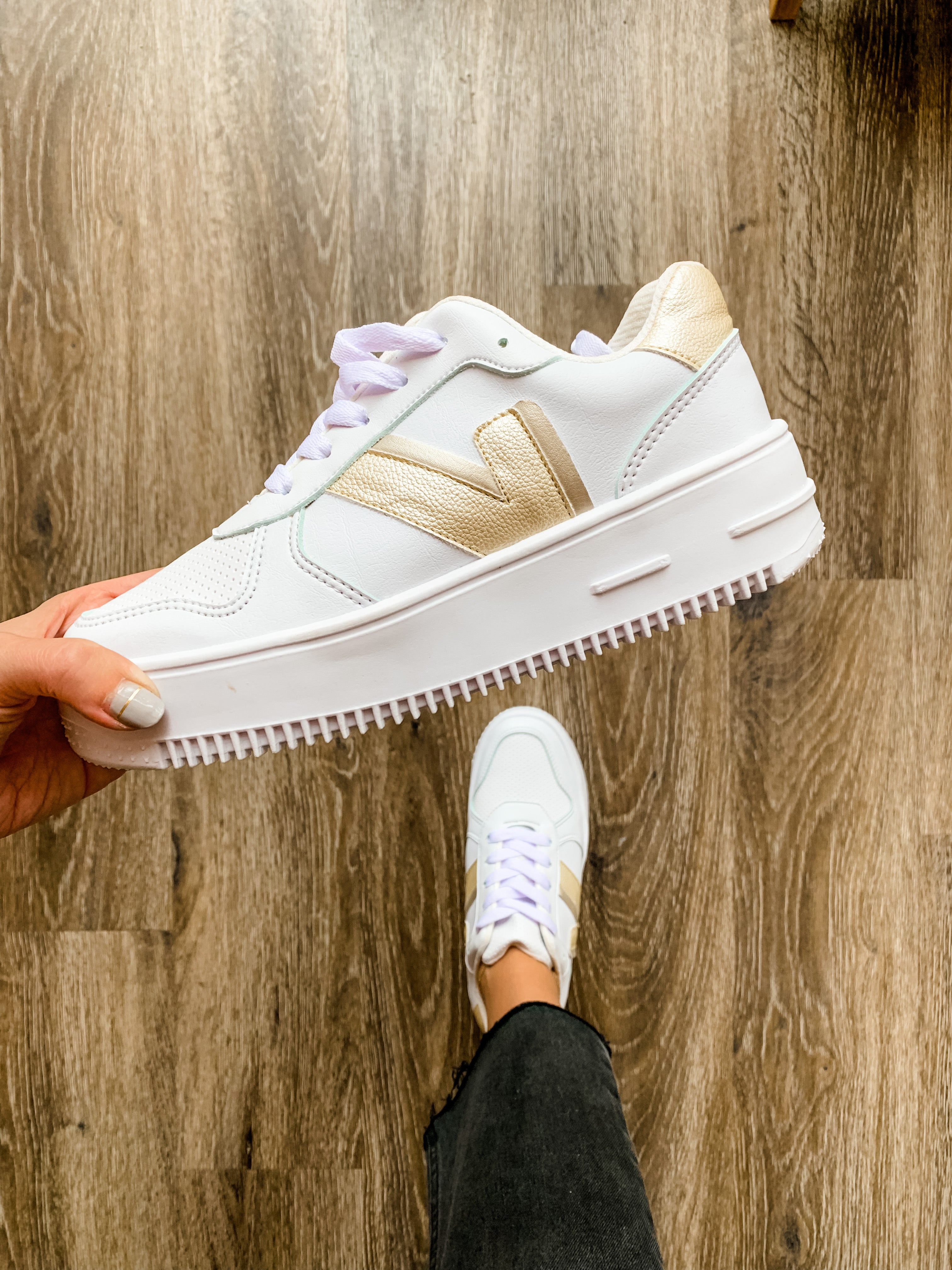 White and store gold platform sneakers